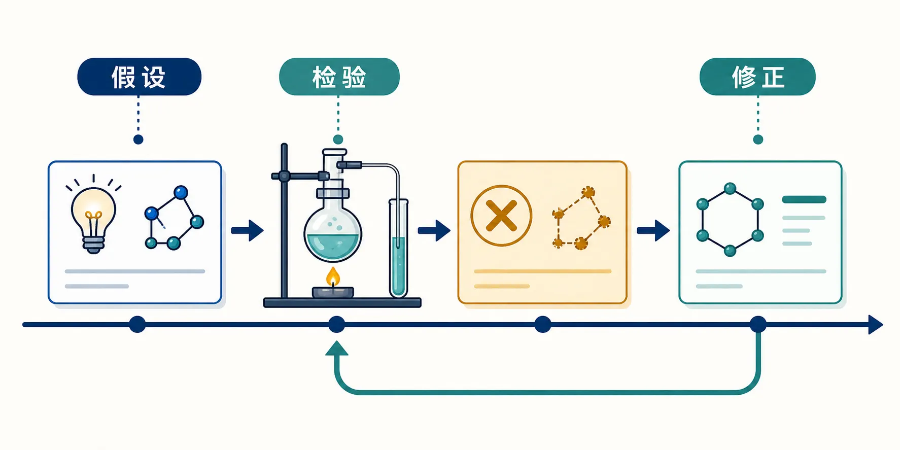 假设、实验检验、结果不符和修正模型构成的科学迭代循环