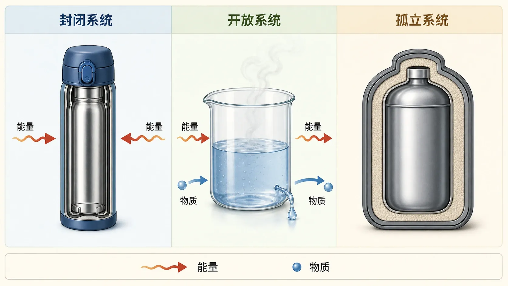 开放系统、封闭系统与孤立系统的物质能量交换对比