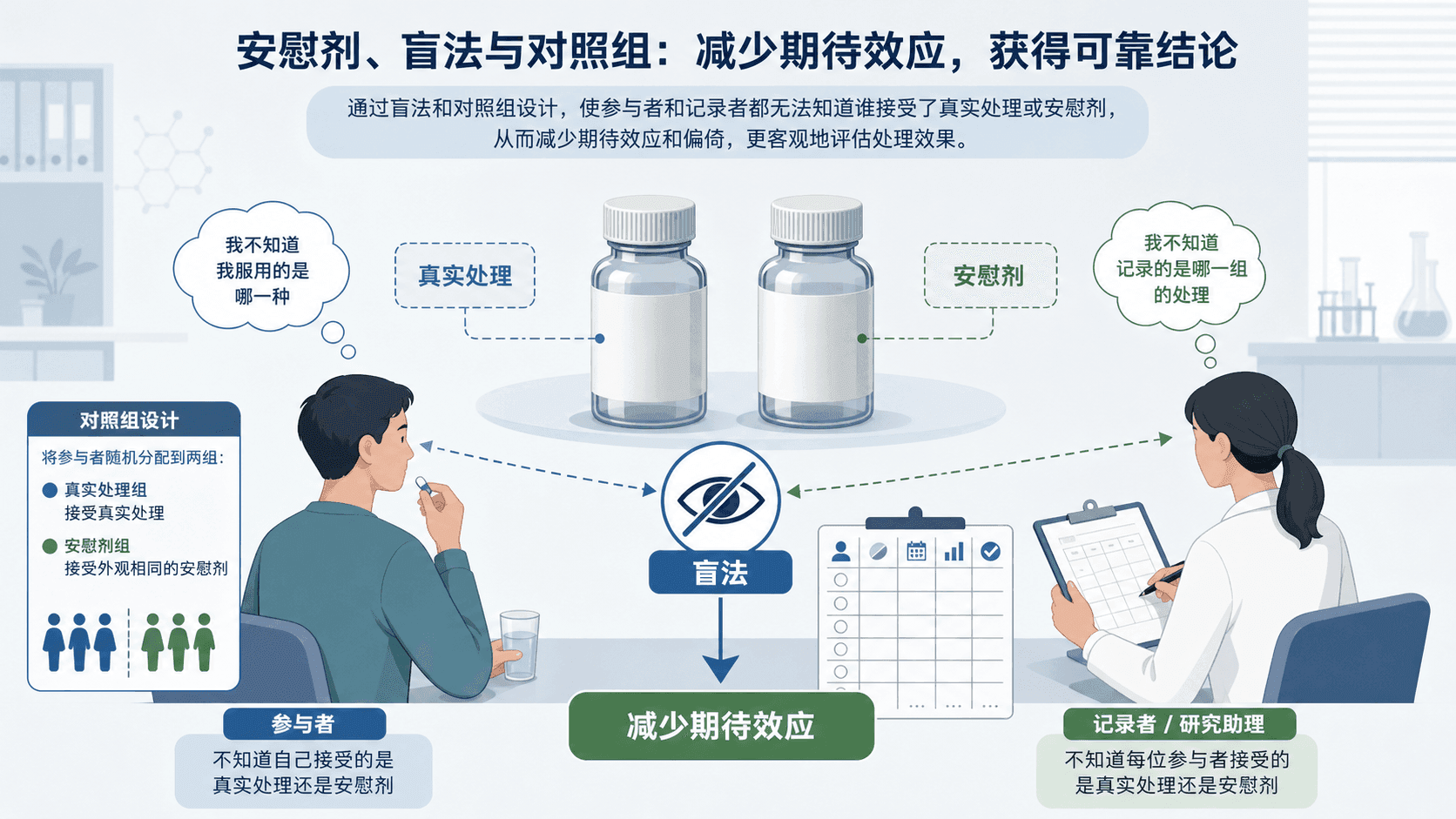 两瓶外观相同的真实处理和安慰剂，参与者与记录员不知道标签