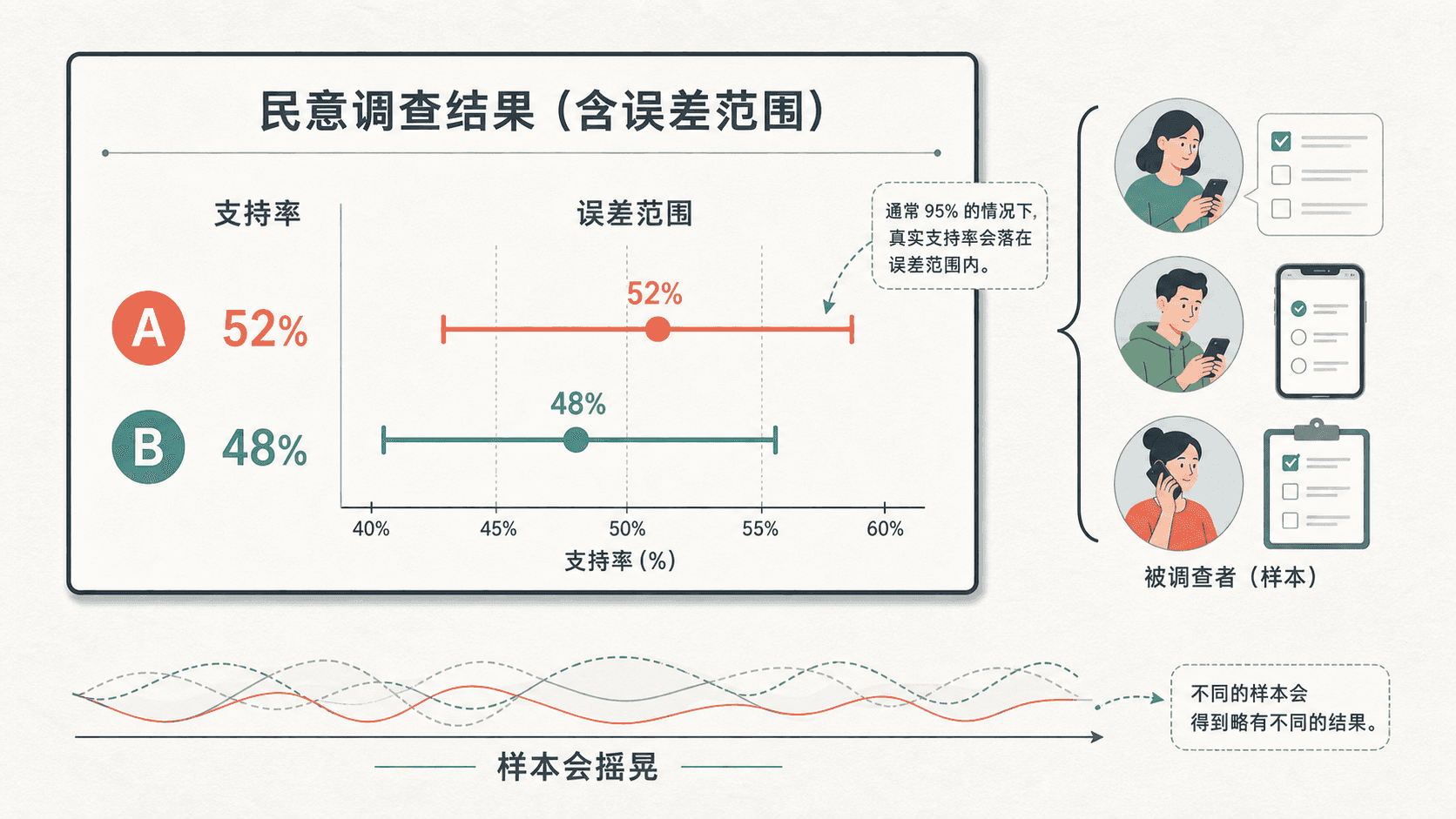 民调结果中的点估计和误差范围，展示两个支持率接近时不能草率断定领先稳定