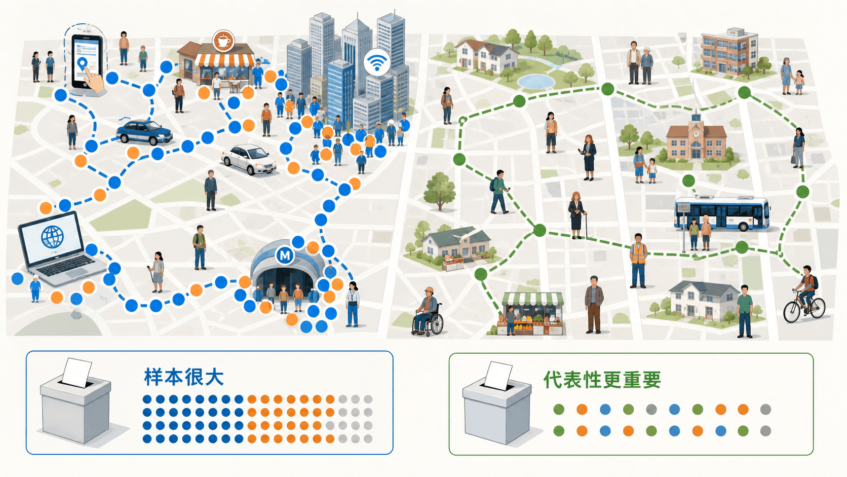 投票样本大小与代表性的对比信息图