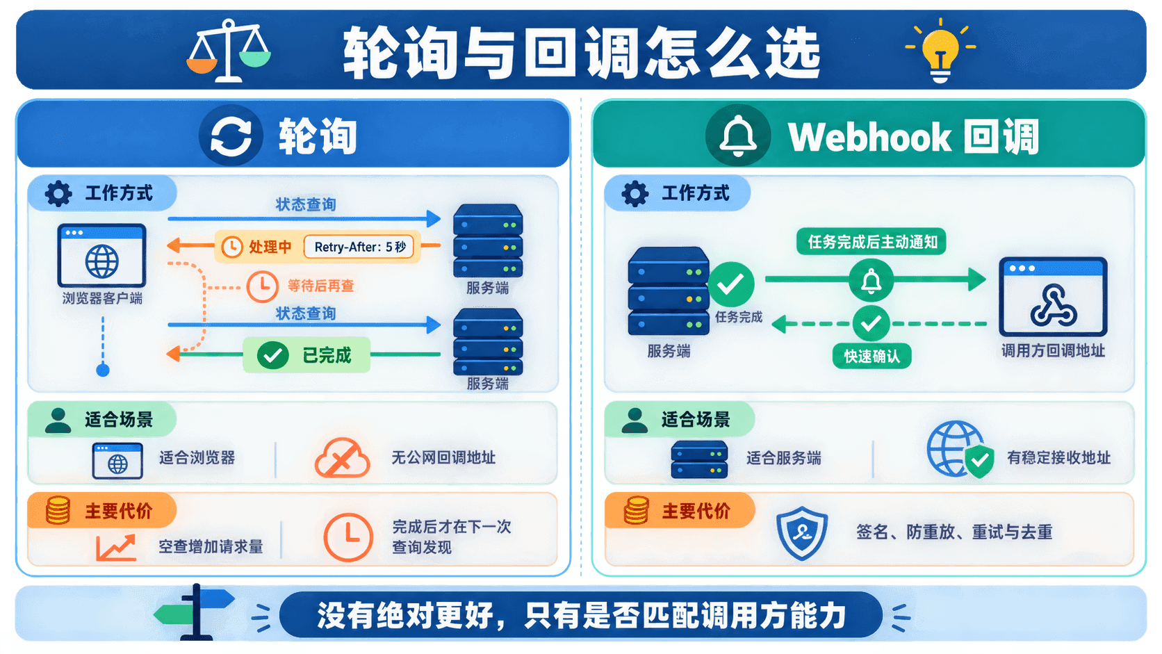 轮询与 Webhook 回调的交互节奏、适用客户端和主要代价对照