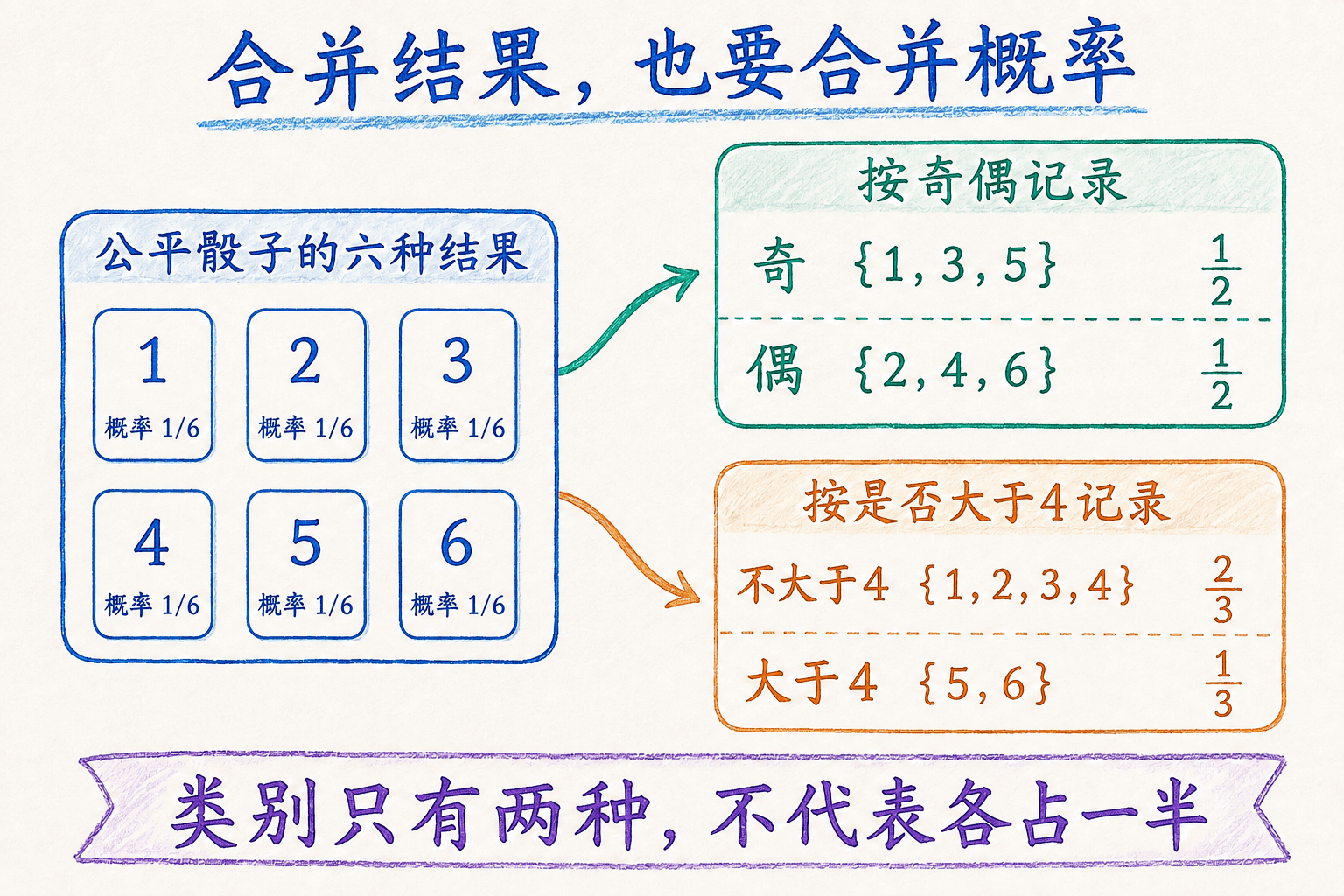公平骰子的六种等概率结果可分别按奇偶或是否大于4分组;分组后的概率分别是二分之一与二分之一、三分之二与三分之一。