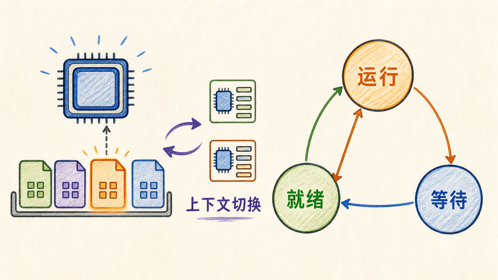 手绘彩色线条图:多个任务竞争处理器、上下文切换与运行就绪等待状态转换