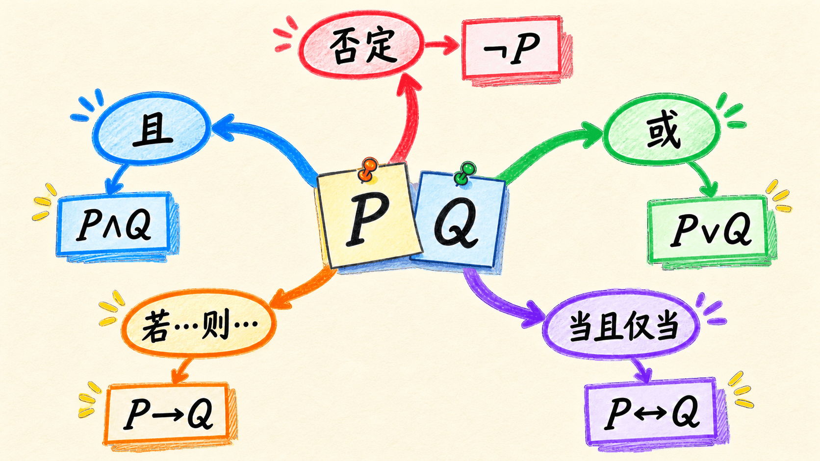 手绘彩色命题逻辑图:从命题 P、Q 出发,分别连接到否定、且、或、若则和当且仅当五种形式。