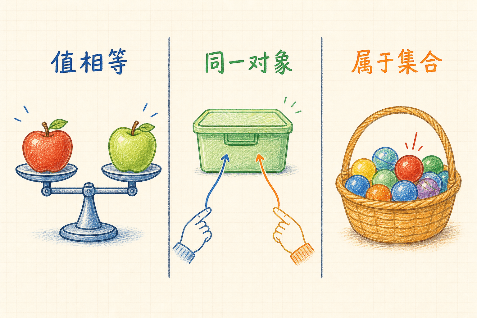 三联手绘图分别用天平苹果、共同指向一个盒子的引用和篮中珠子说明值相等、同一对象与属于集合