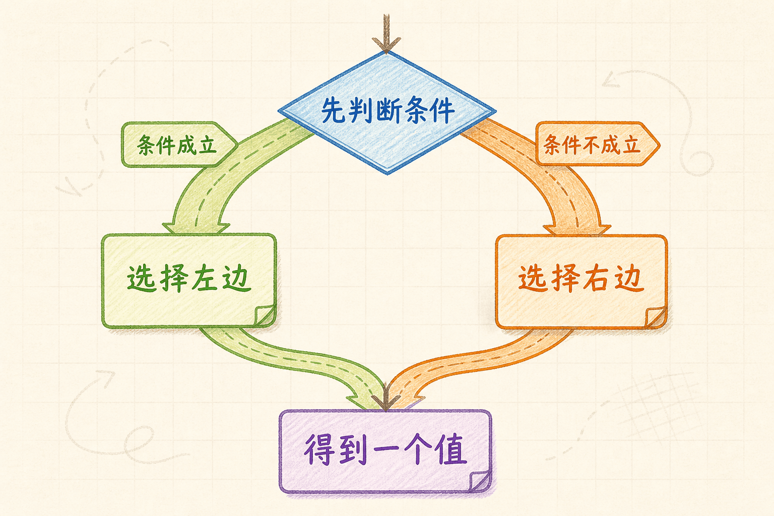 手绘岔路先判断条件,再根据条件是否成立选择左边或右边,最终得到一个值