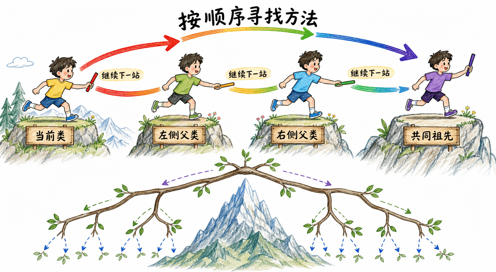 接力路线依次经过当前类、左右父类和共同祖先