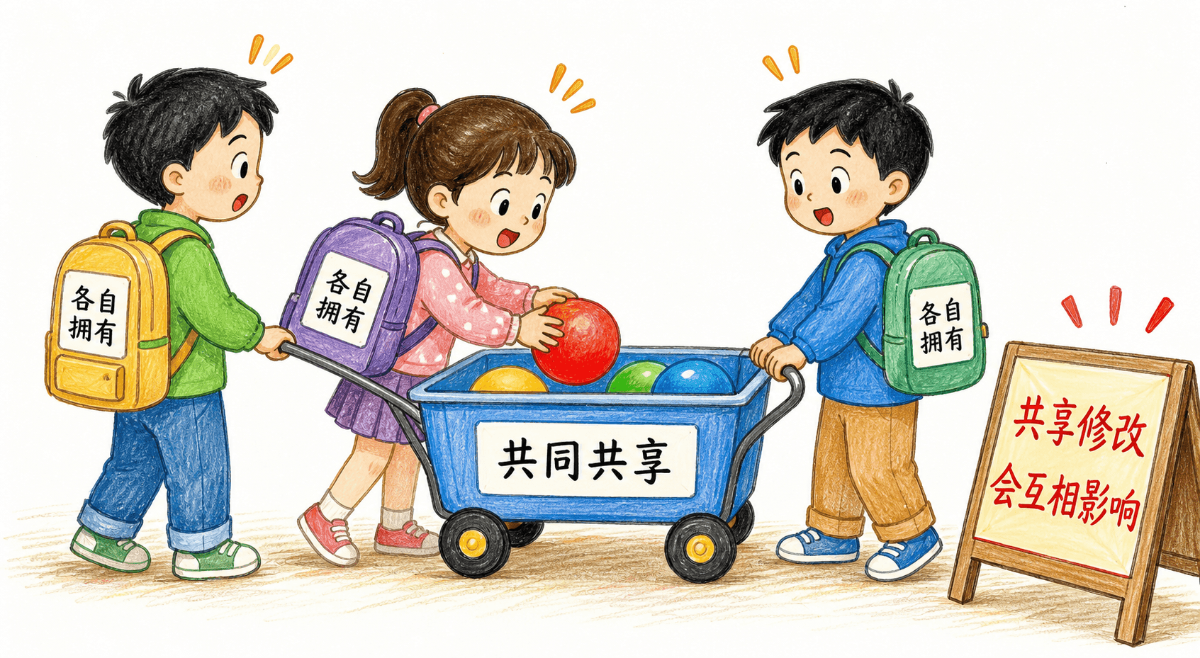 三个学生各背私人书包并共同使用公共推车,展示属性共享边界