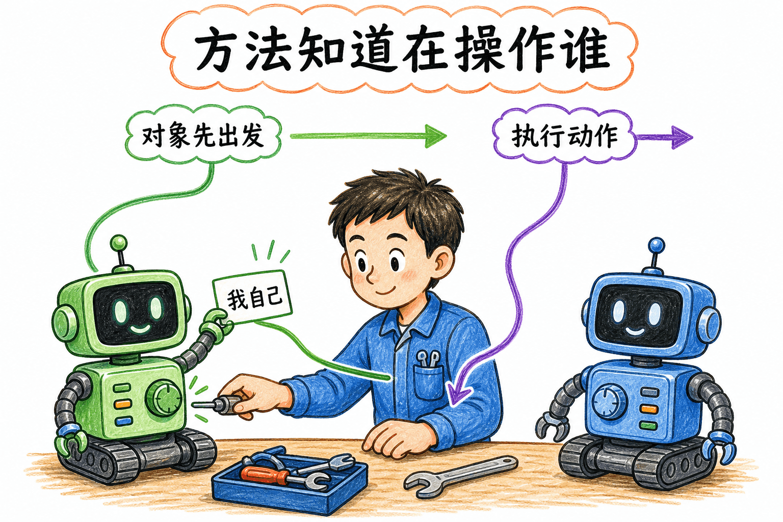 机器人把“我自己”卡片交给方法执行者,展示方法知道正在操作哪个对象