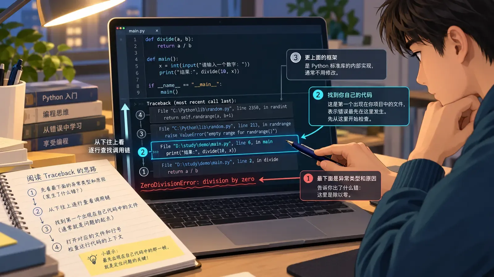 零基础学习者逐行阅读Python Traceback并定位第一处自己代码
