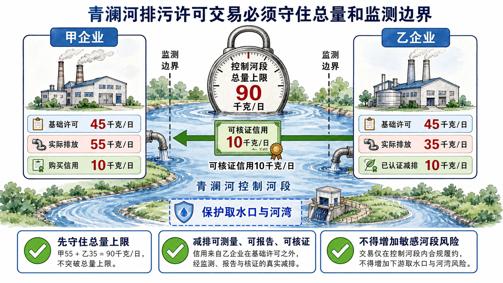 青澜河控制河段中甲企业55千克每日排放、乙企业35千克每日排放及乙向甲转让10千克每日可核证信用,同时守住90千克每日总量上限的手绘图