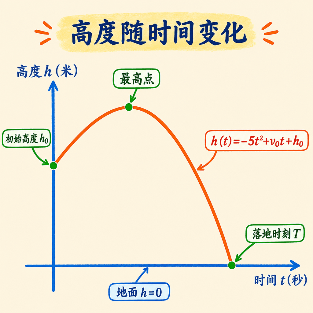 高度随时间变化:初始高度 h₀ 在地面上方,曲线先到达最高点,再于落地时刻 T 与 h=0 相交