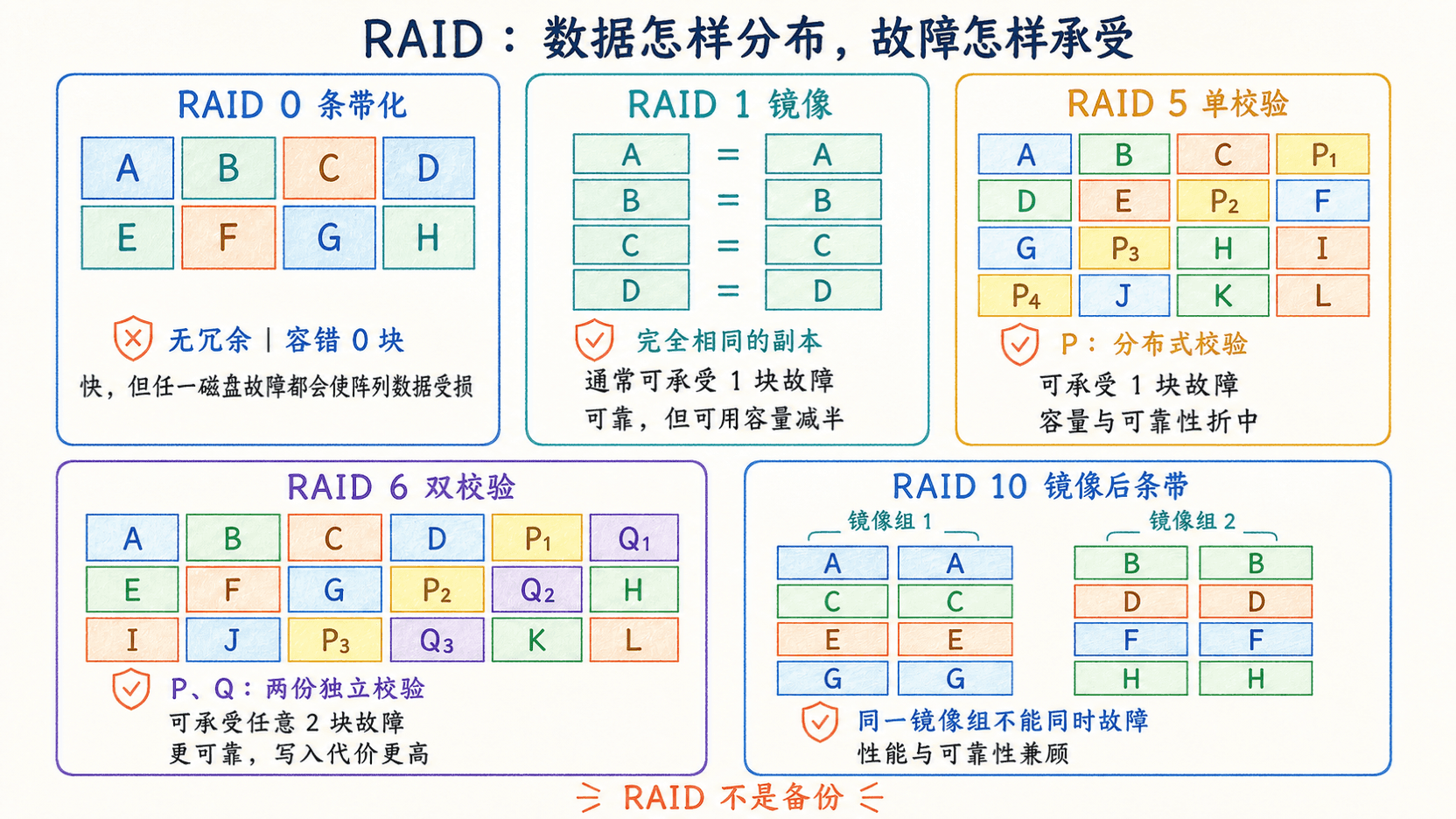 RAID 0、1、5、6 与 10 的数据分布和容错能力对比图