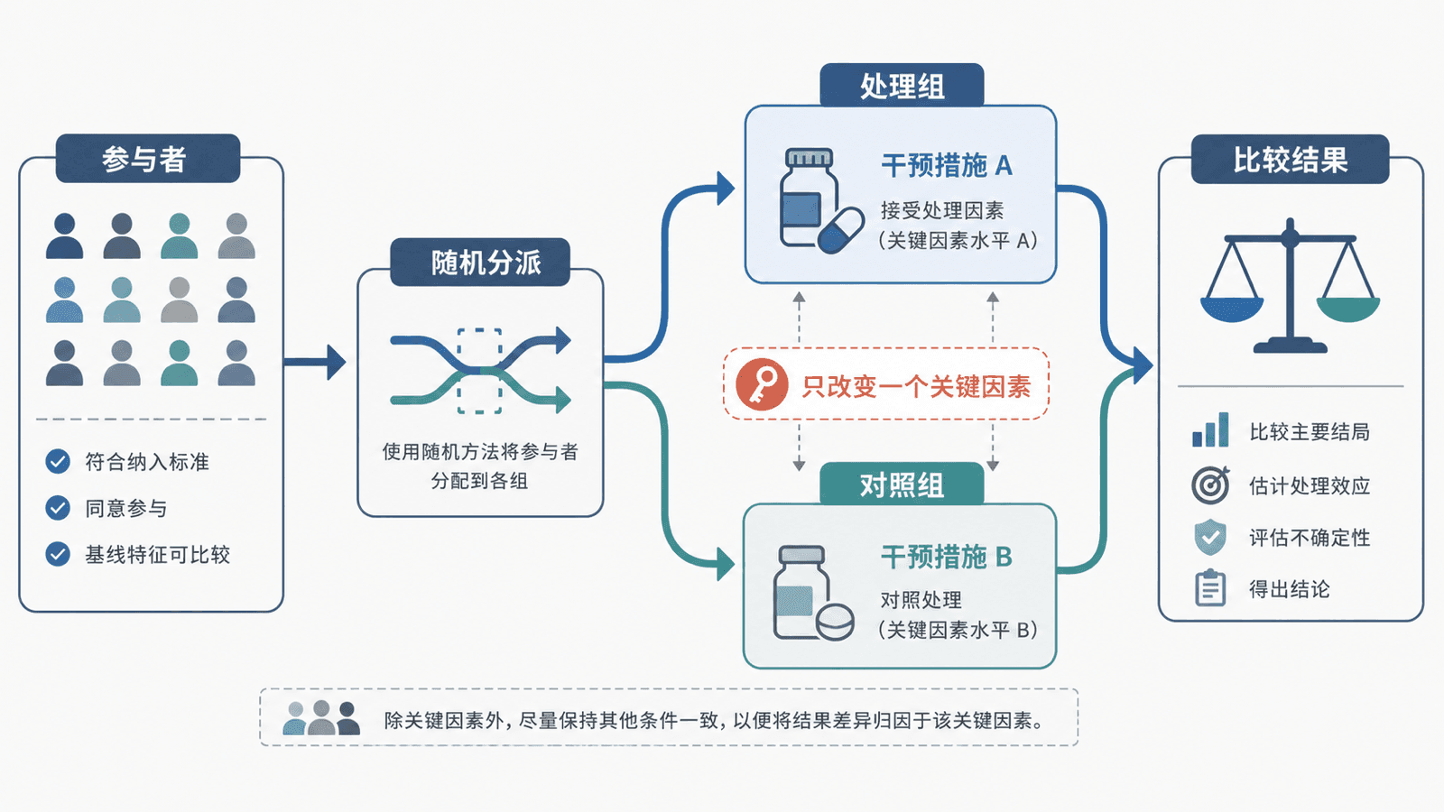 参与者经过随机分派进入处理组和对照组，然后比较结果
