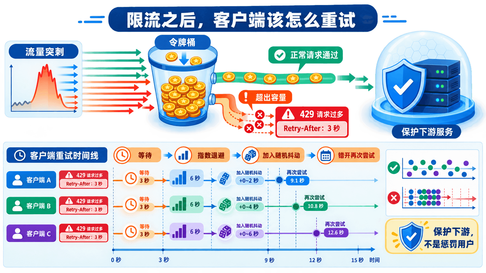 流量突刺经过限流后,超额请求收到 429 和 Retry-After,并用退避与抖动再试