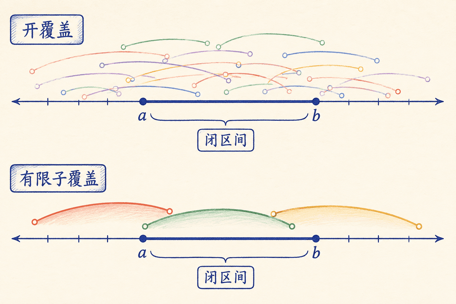 闭区间的开覆盖可抽出三个仍覆盖全区间的有限子覆盖的彩色手绘示意图