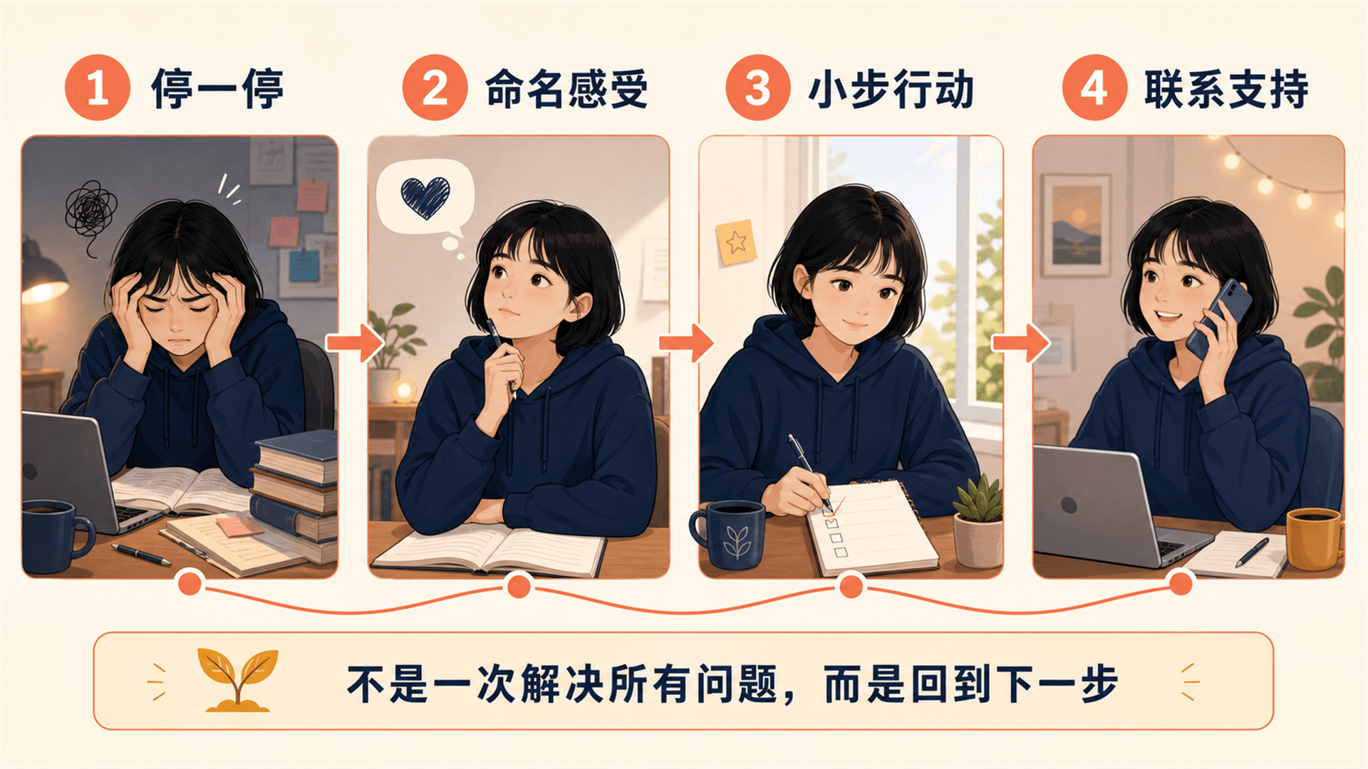 从暂停、命名感受到小步行动和联系支持的压力恢复阶梯信息图