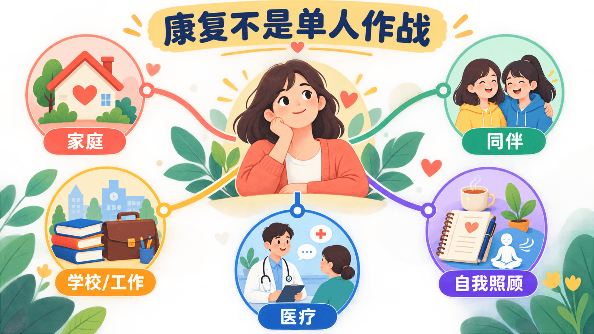 当事人、家庭同伴、学校工作、医疗与自我照顾共同组成康复支持网络