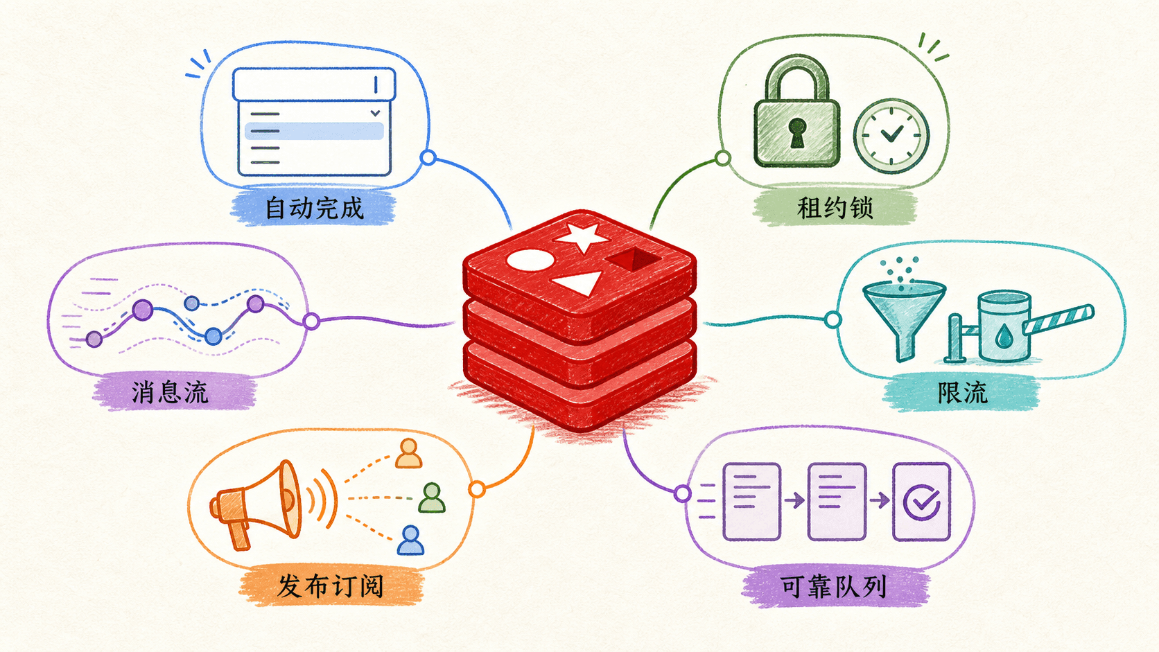 Redis 应用组件总览,中央红色数据节点连接自动完成、租约锁、限流、可靠队列、发布订阅和消息流六个场景