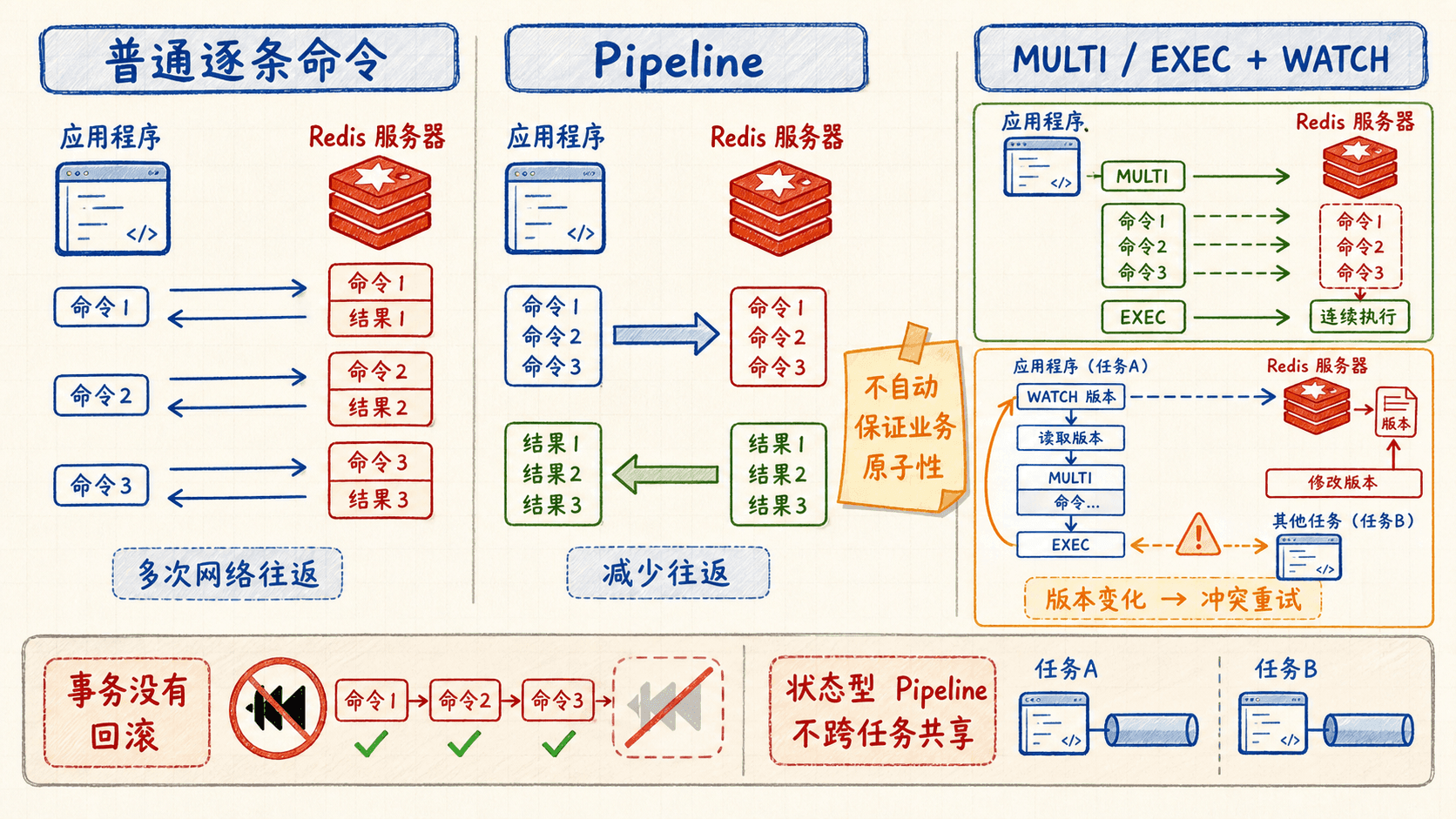 Redis Pipeline、MULTI/EXEC 事务与 WATCH 冲突重试的边界示意图