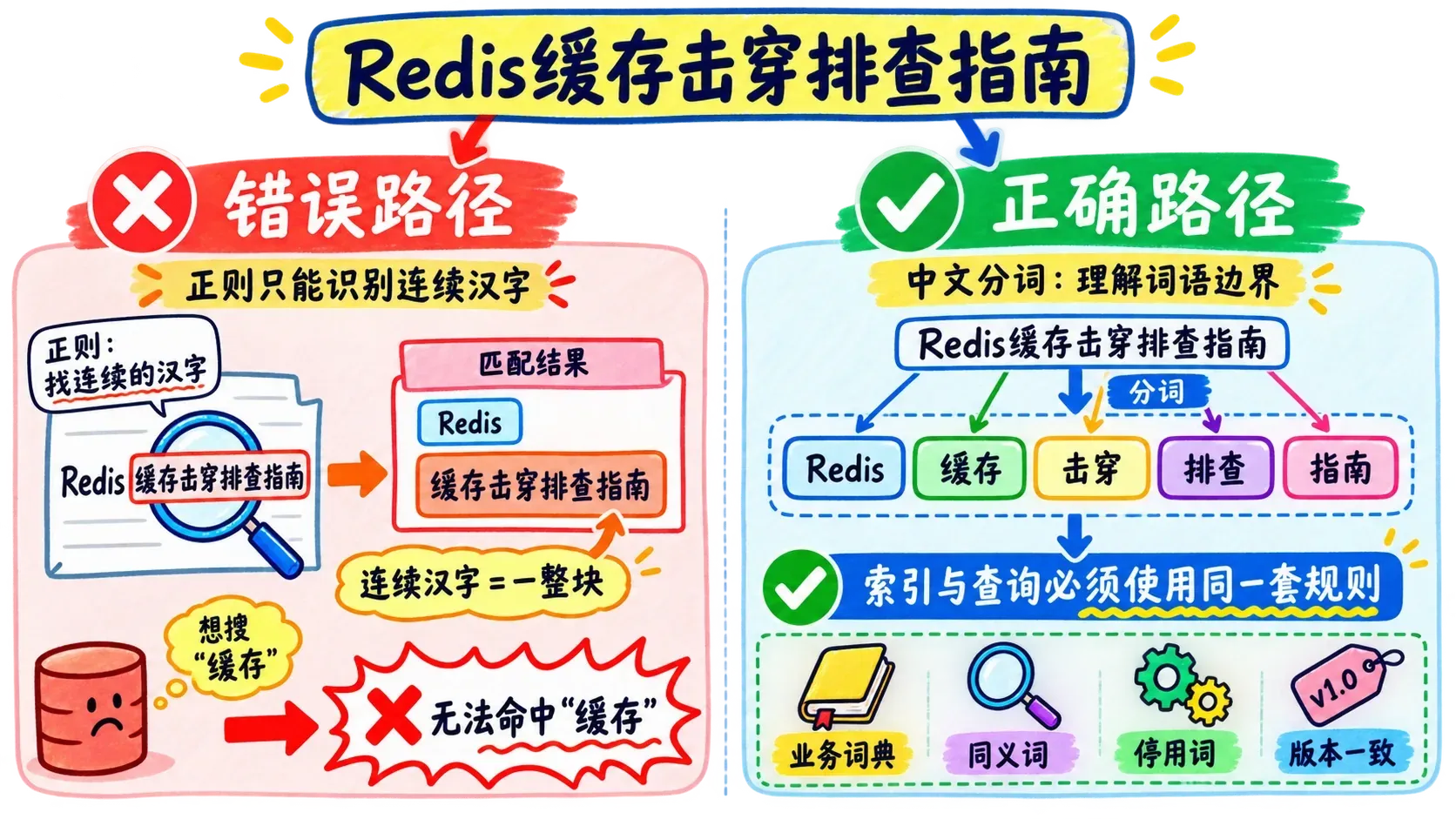 Redis 中文分词错误路径与正确路径对比手绘图