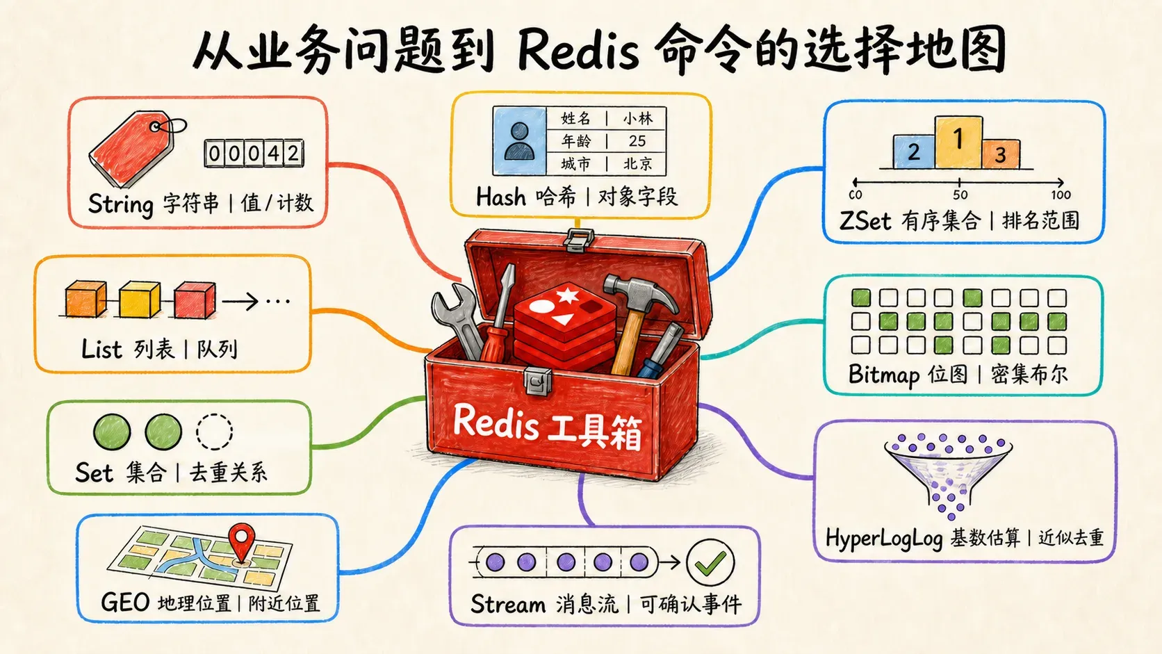 Redis 命令选择地图:中央 Redis 工具箱连接九类数据结构及其典型用途
