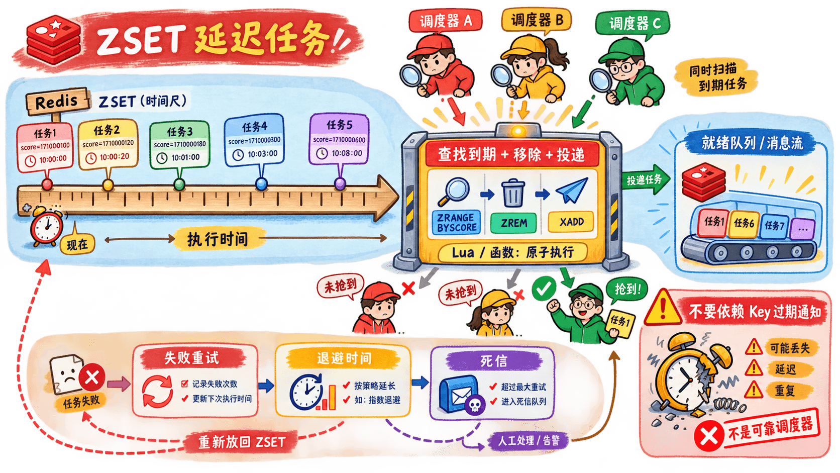 Redis 延迟任务调度流程图:多个调度器竞争扫描 ZSET 到期任务,通过 Lua 或函数原子执行查找、移除与投递,任务进入就绪队列,并展示失败重试、退避、死信及键过期通知不可靠