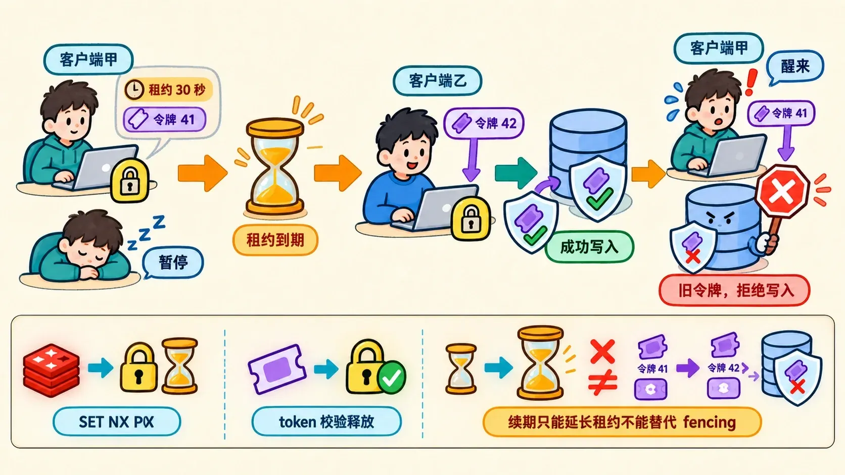 Redis 分布式锁租约过期与 fencing token 拒绝旧令牌写入的手绘时间线