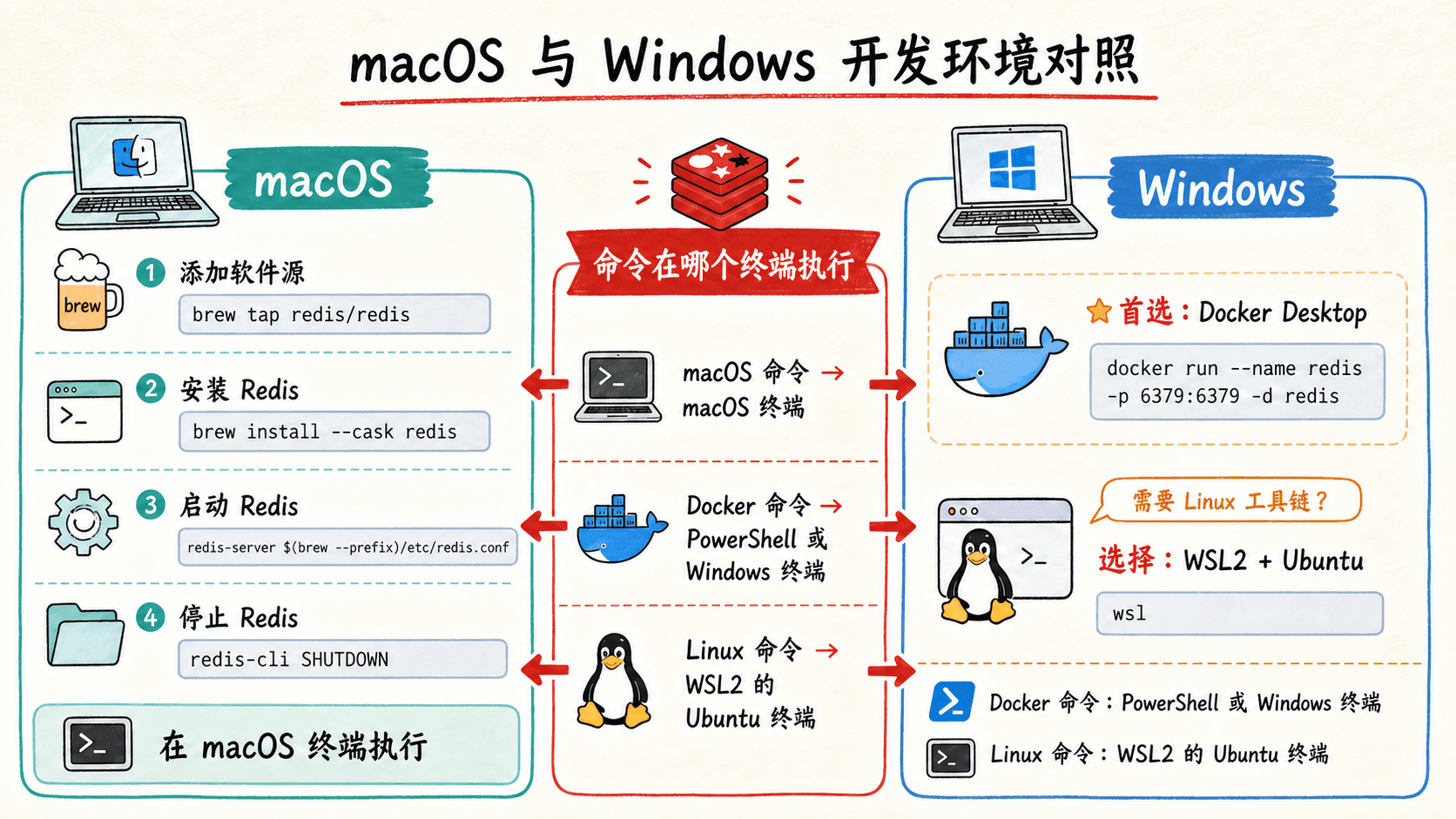 macOS Homebrew 与 Windows Docker、WSL 两种开发路线的对照