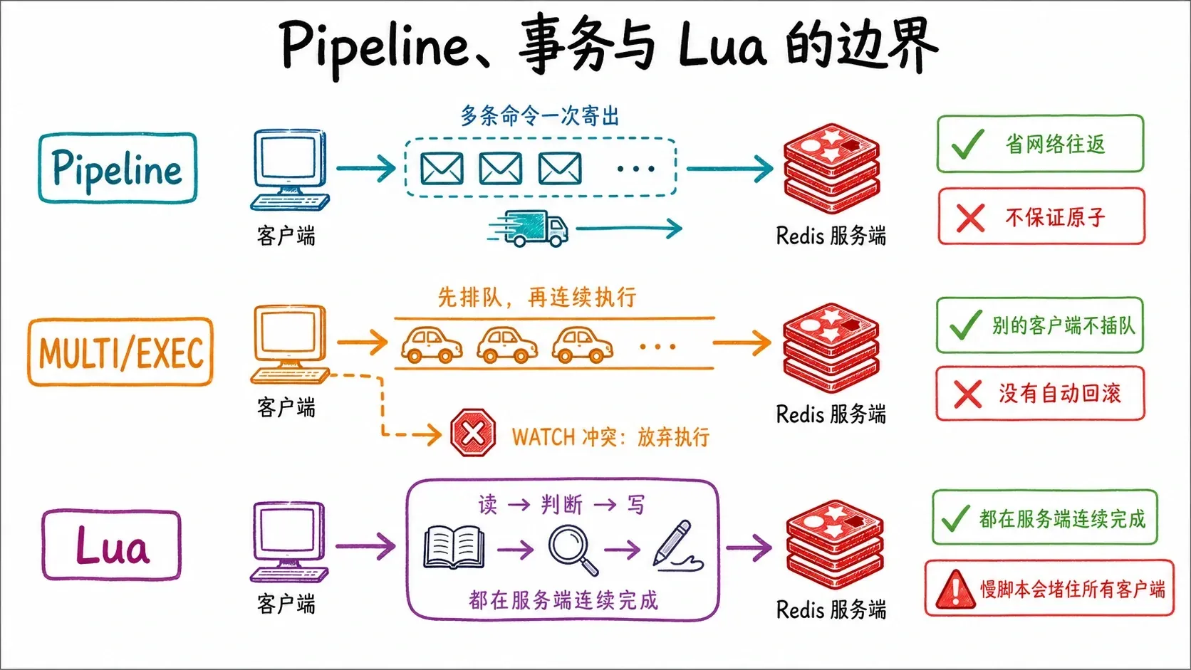 Redis Pipeline、MULTI EXEC 事务与 Lua 边界对照,展示网络往返、连续执行、WATCH 冲突与慢脚本阻塞差异