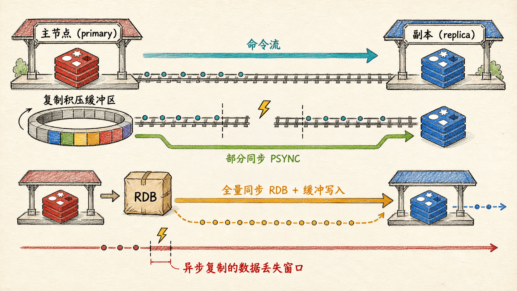 Redis 复制中的命令流、复制积压缓冲区、部分同步、全量同步与异步数据丢失窗口