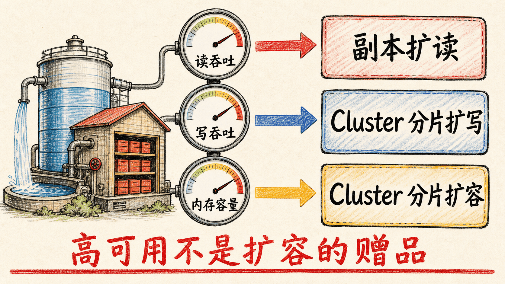 Redis 扩展决策地图:读吞吐对应副本扩读,写吞吐对应 Cluster 分片扩写,内存容量对应 Cluster 分片扩容
