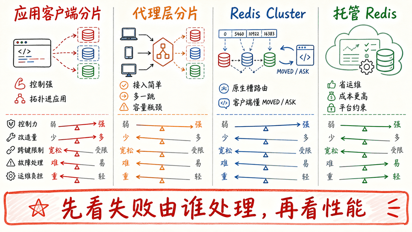 客户端分片、代理层分片、Redis Cluster 与托管 Redis 的控制力和运维成本取舍