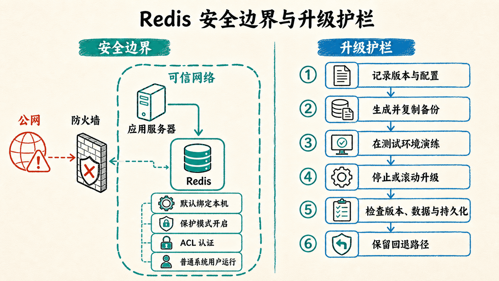Redis 的可信网络边界、最小权限与升级回退护栏