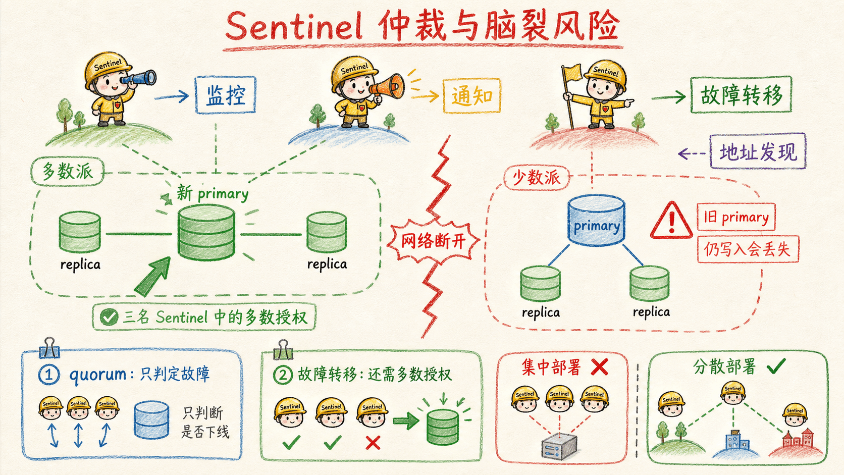 Redis Sentinel 通过 quorum 和多数授权完成故障转移,并限制网络分区中的脑裂写入风险