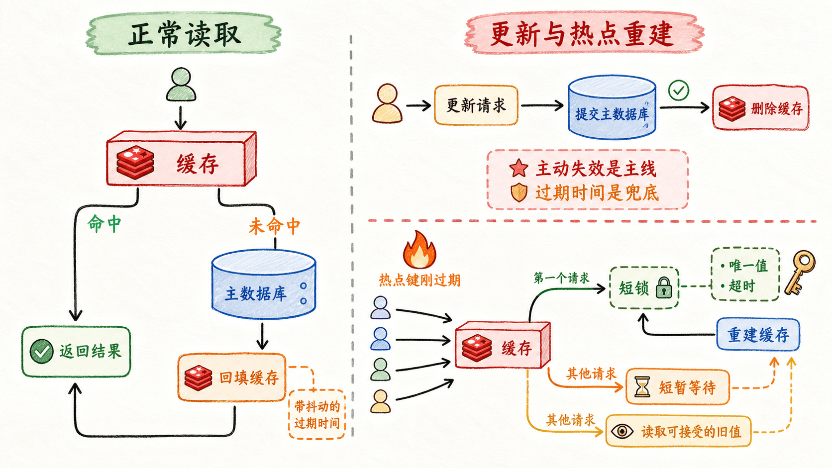 Redis 旁路缓存教学图:左侧展示缓存命中与未命中后查询主数据库并带抖动过期时间回填,右侧展示更新先提交主数据库再删除缓存,以及热点键过期时通过带唯一值和超时的短锁完成单飞重建
