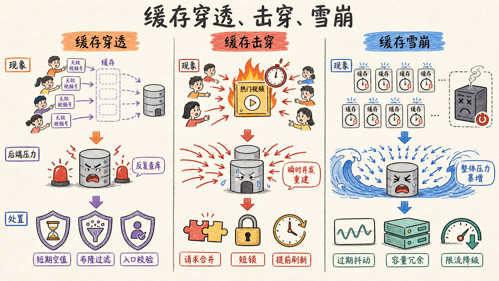 三栏手绘图对比缓存穿透、缓存击穿和缓存雪崩的现象、后端压力与处置方法