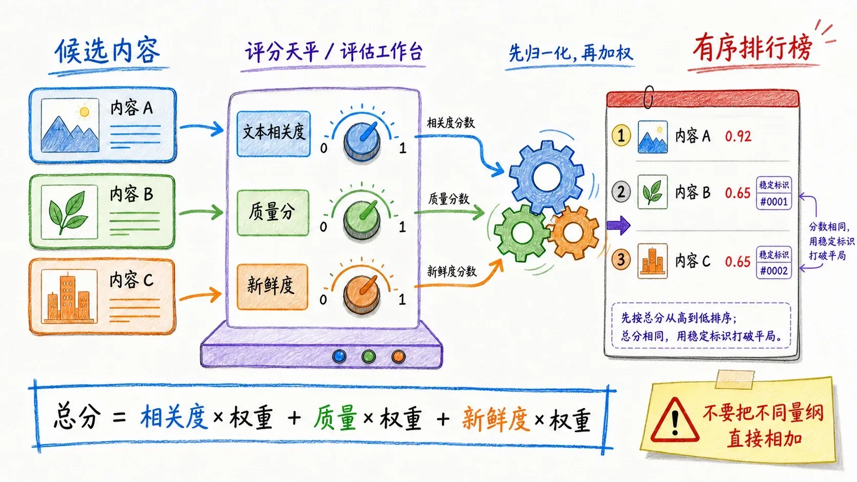 Redis ZSET 评分排序流程:候选内容经相关度、质量与新鲜度归一化加权后进入有序排行榜,同分时使用稳定标识打破平局