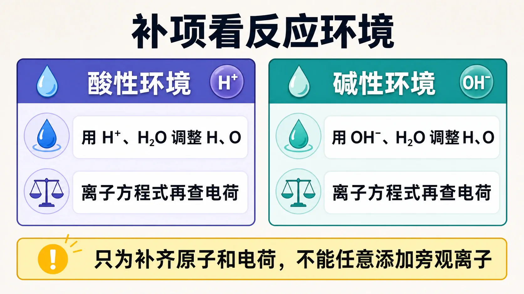 补项看反应环境:酸性与碱性处理 H、O 的工具卡