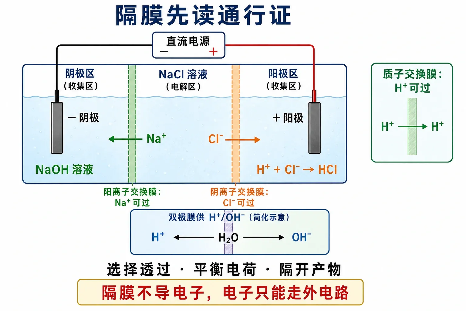 多室电解装置中阳离子膜、阴离子膜和质子膜的选择透过示意图