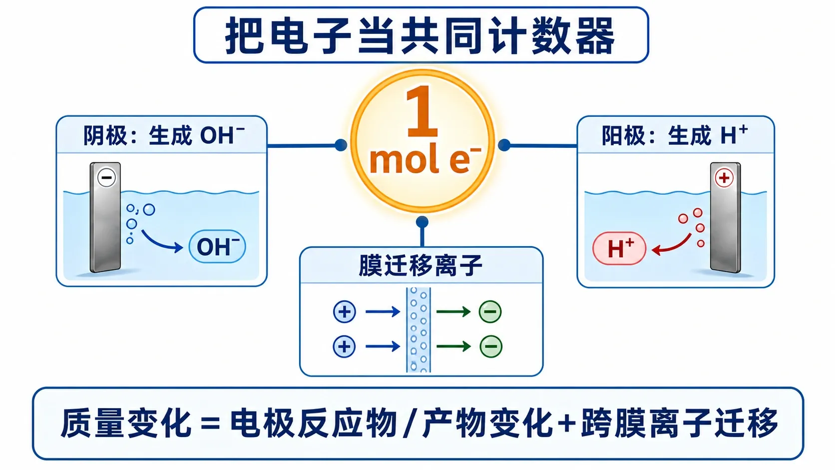 以一摩尔电子为共同计数器,核算电极产物和跨膜离子变化的账本图