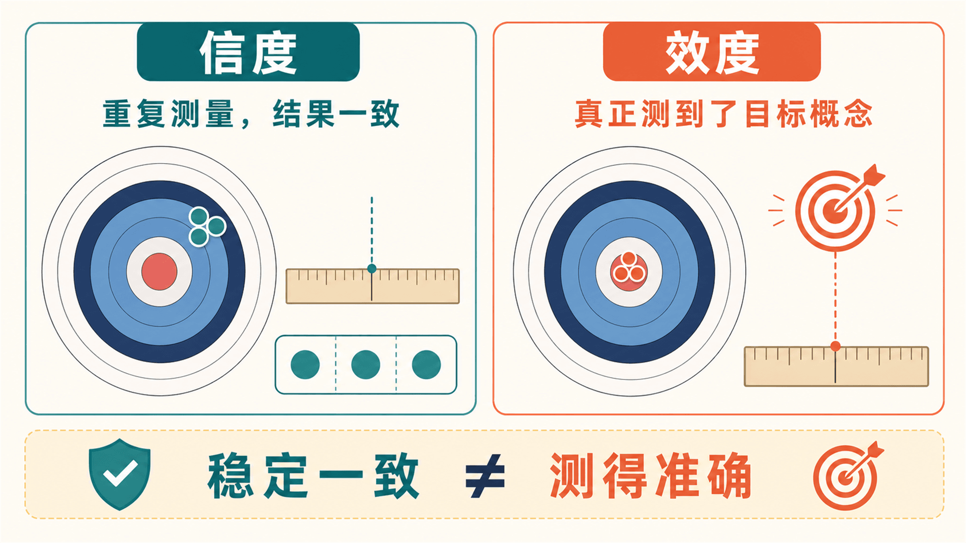 信度关注结果是否一致,效度关注是否真正测到目标