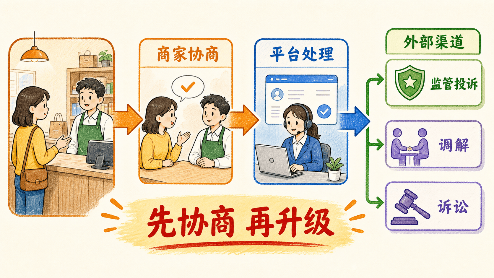 从消费者发现问题,到商家、平台与监管渠道分别处理的分层救济路径