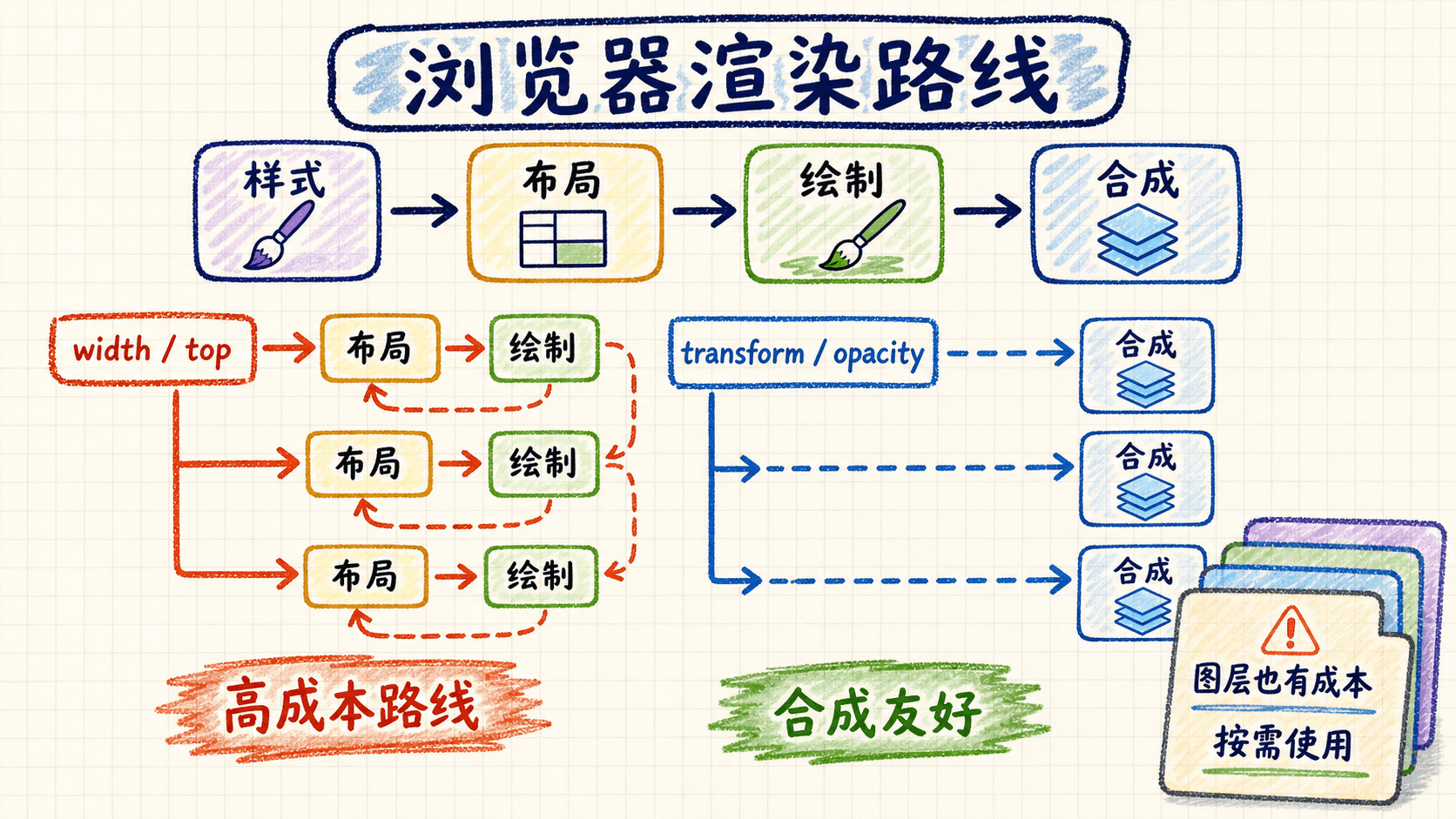 手绘浏览器渲染路线:布局绘制与合成对比