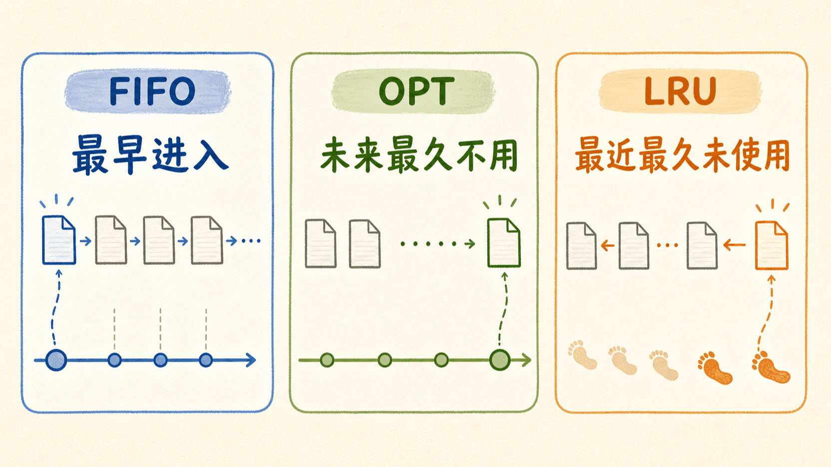 FIFO、OPT 与 LRU 页面置换策略对比