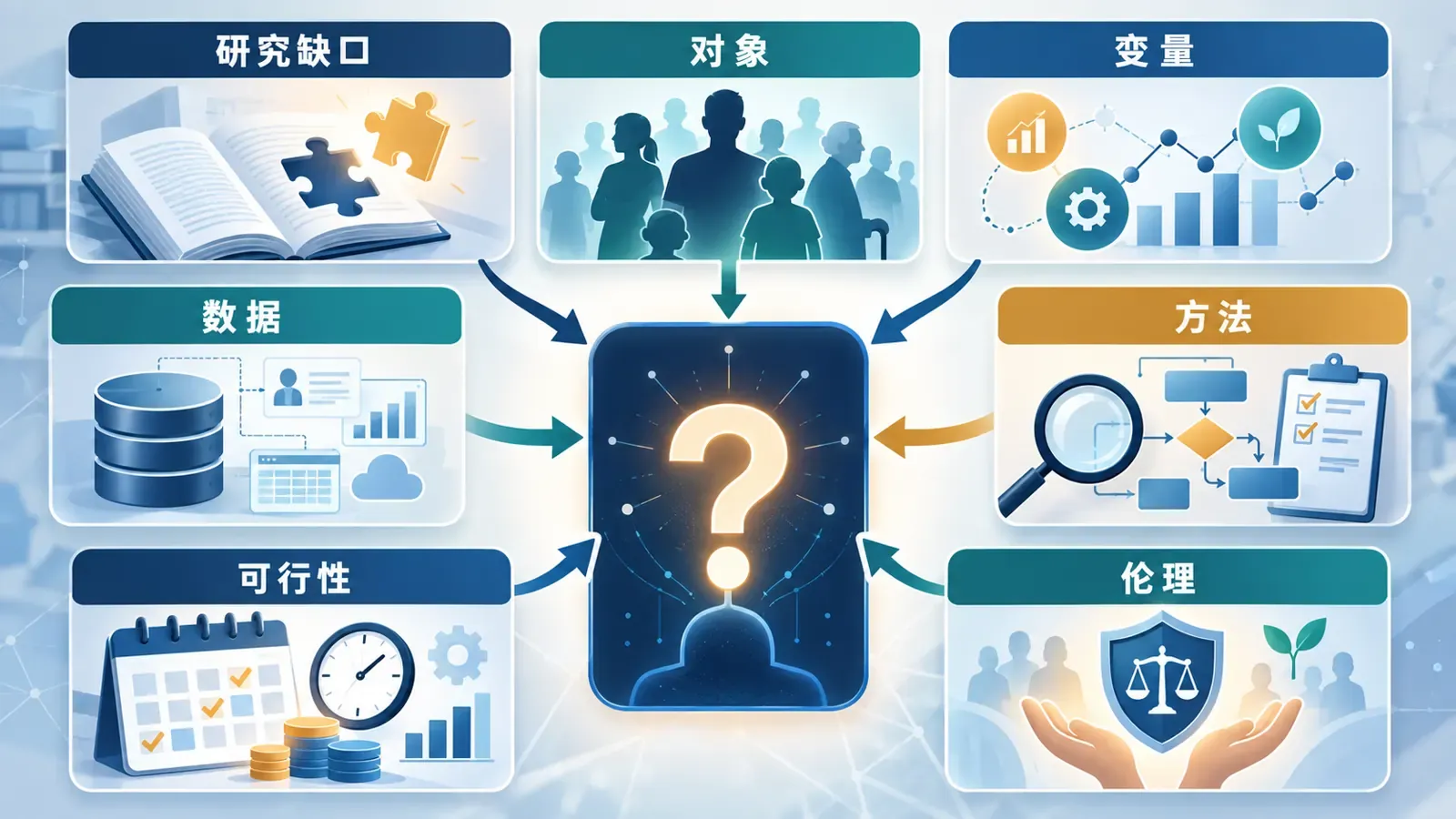 研究缺口、对象、变量、数据、方法、可行性和伦理组成研究问题证据卡