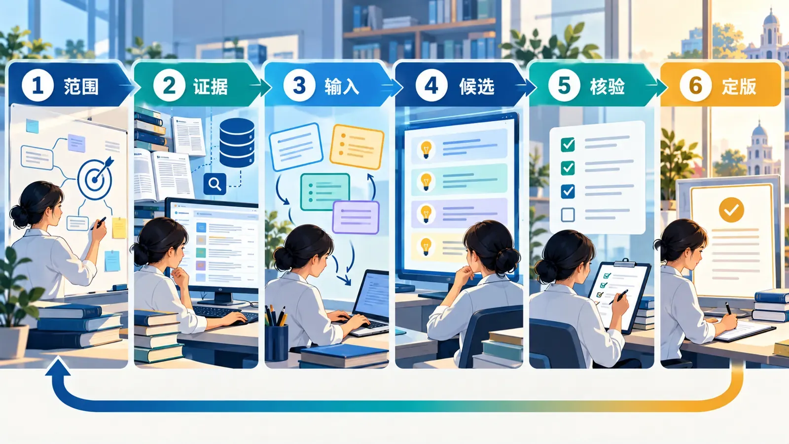 从限定范围到核验证据并最终定版研究问题的六步流程