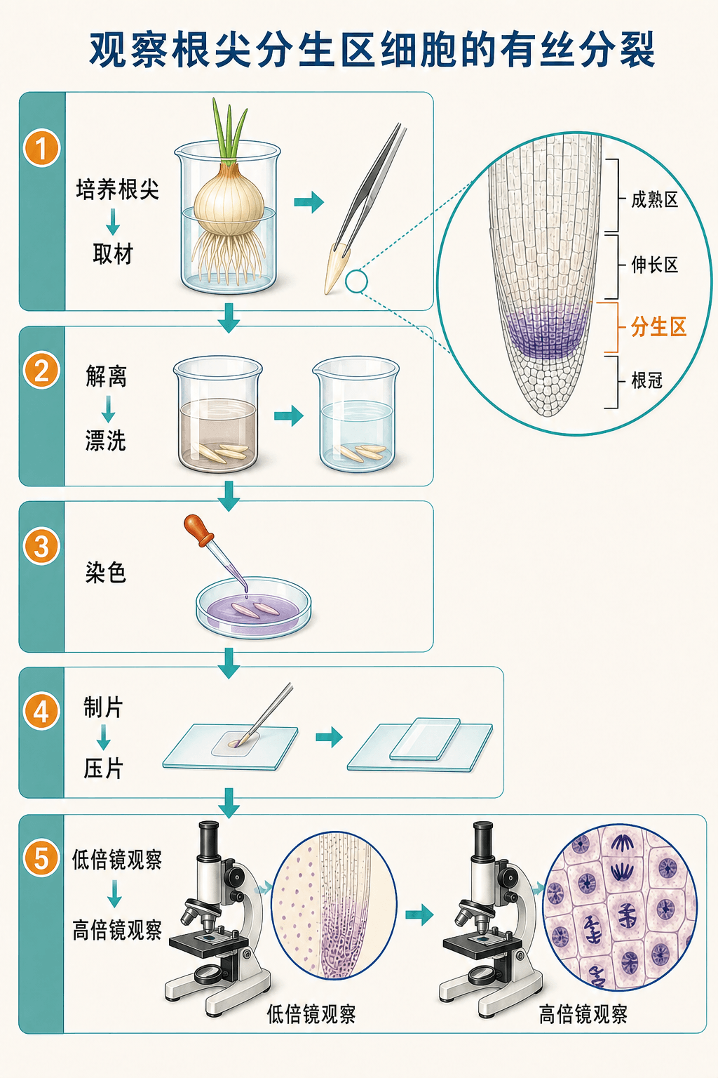 观察根尖分生区细胞有丝分裂的制片与显微镜观察流程