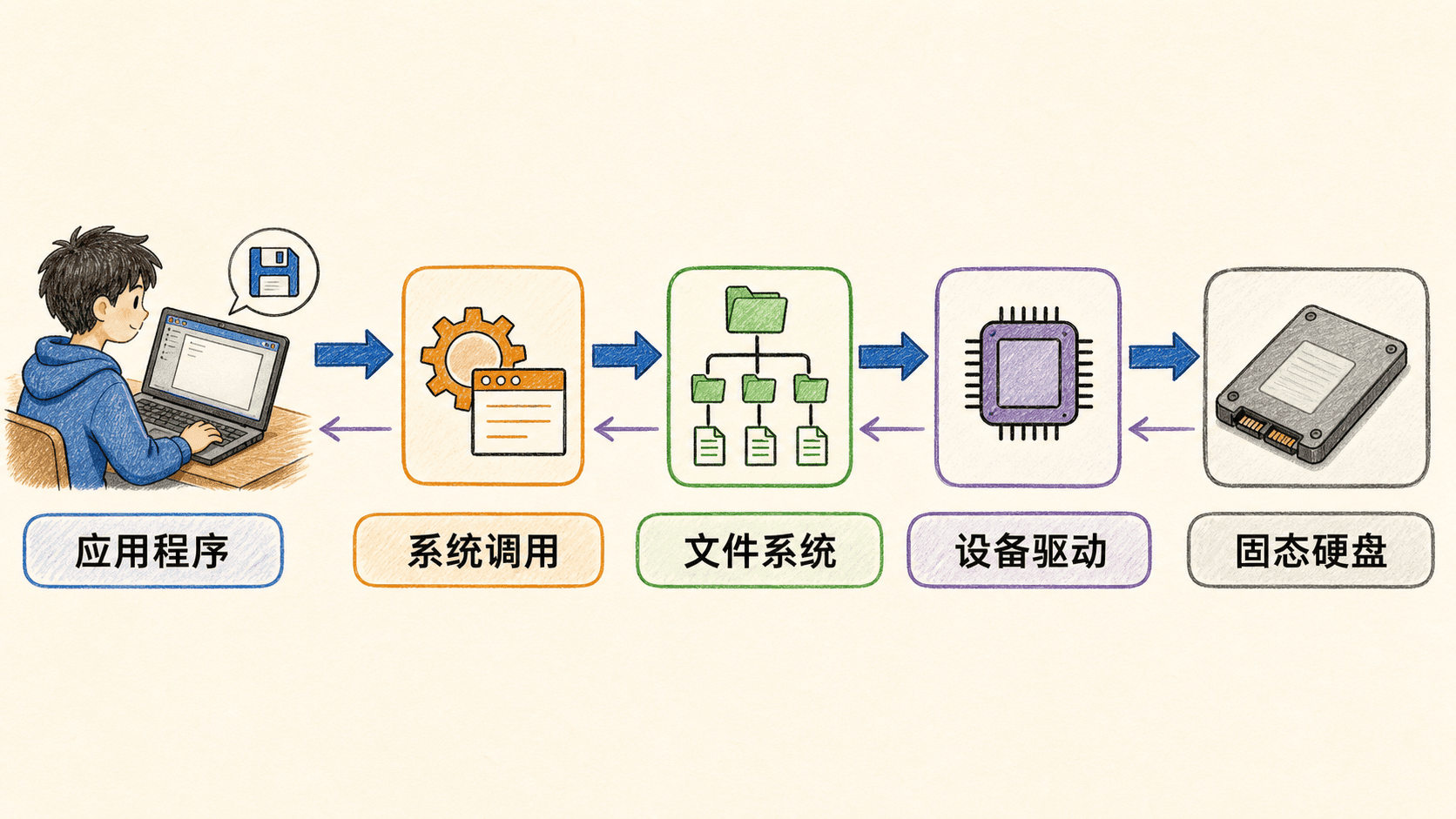 手绘彩色线条流程图:应用程序保存文件经系统调用、文件系统和设备驱动写入固态硬盘